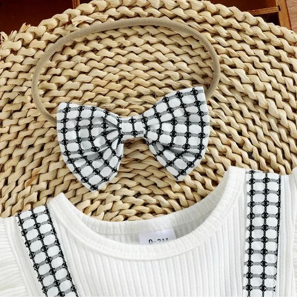 Checkered two piece stylish bow romper - Picture 3 of 3